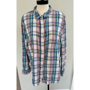 Gap Women’s Boyfriend Fit Button Shirt Linen Blend Pastel Plaid 2XL Long Sleeve
